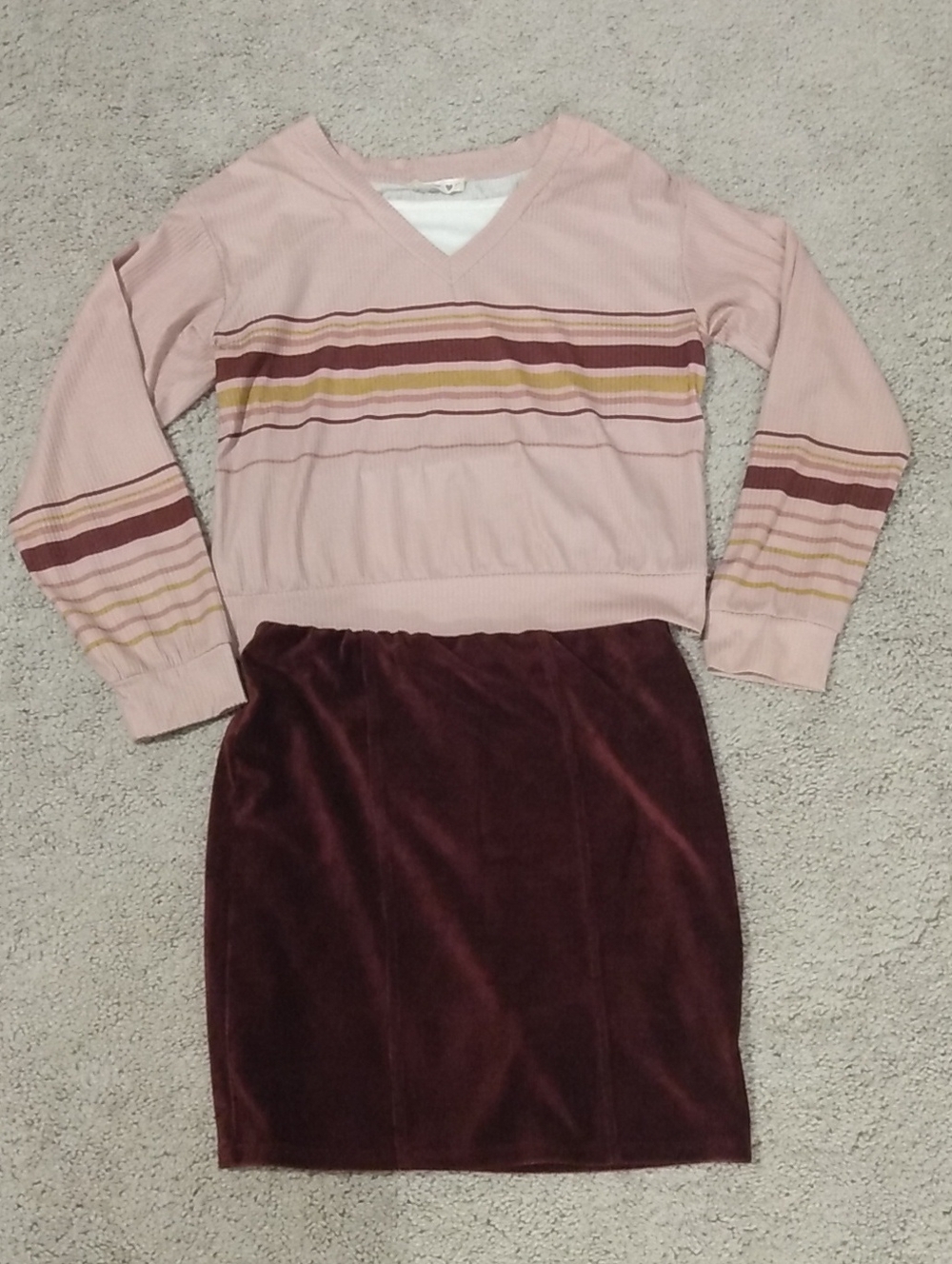 Beautees Pink Striped Top and Maroon Skirt Kids Matching Set